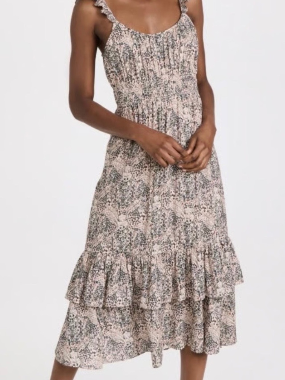 Paige Gisella Ecru Multi Floral Boho Midi Ruffle Smocked Waist Dress Size XS